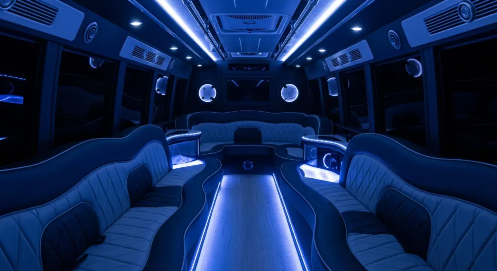 Interior of the enclosed party bus with LED lighting